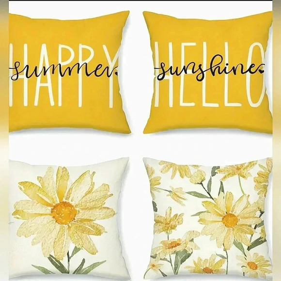 Bright Yellow Floral Accent Summer Bright Cheerful Pillow Covers Set Of 4 - Picture 1 of 8